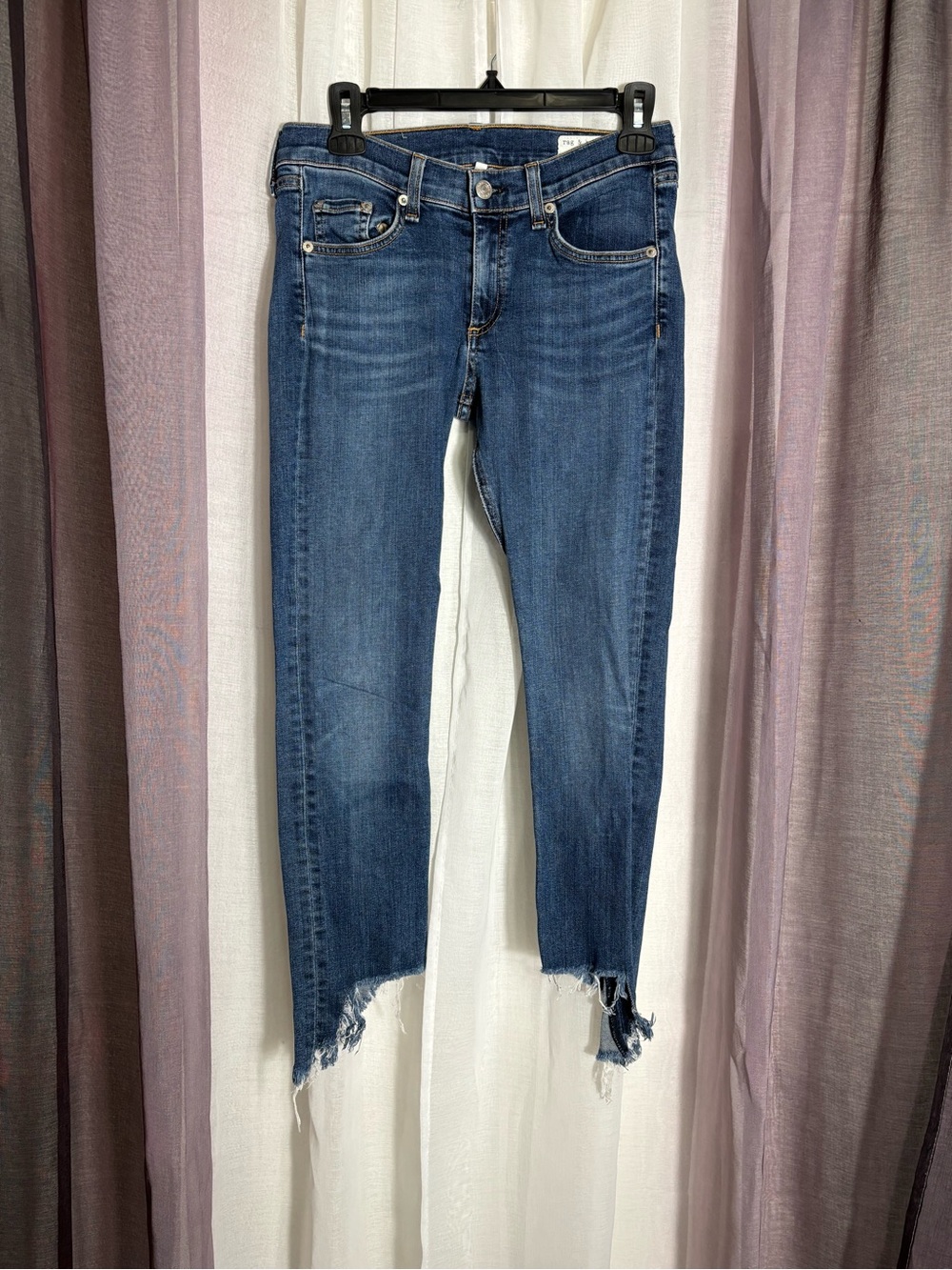 rag & bone Mid Blue Cropped Skinny Jeans with Raw Hem